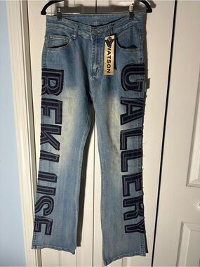 WATSON Light Blue Straight Jeans with Navy Patch Lettering